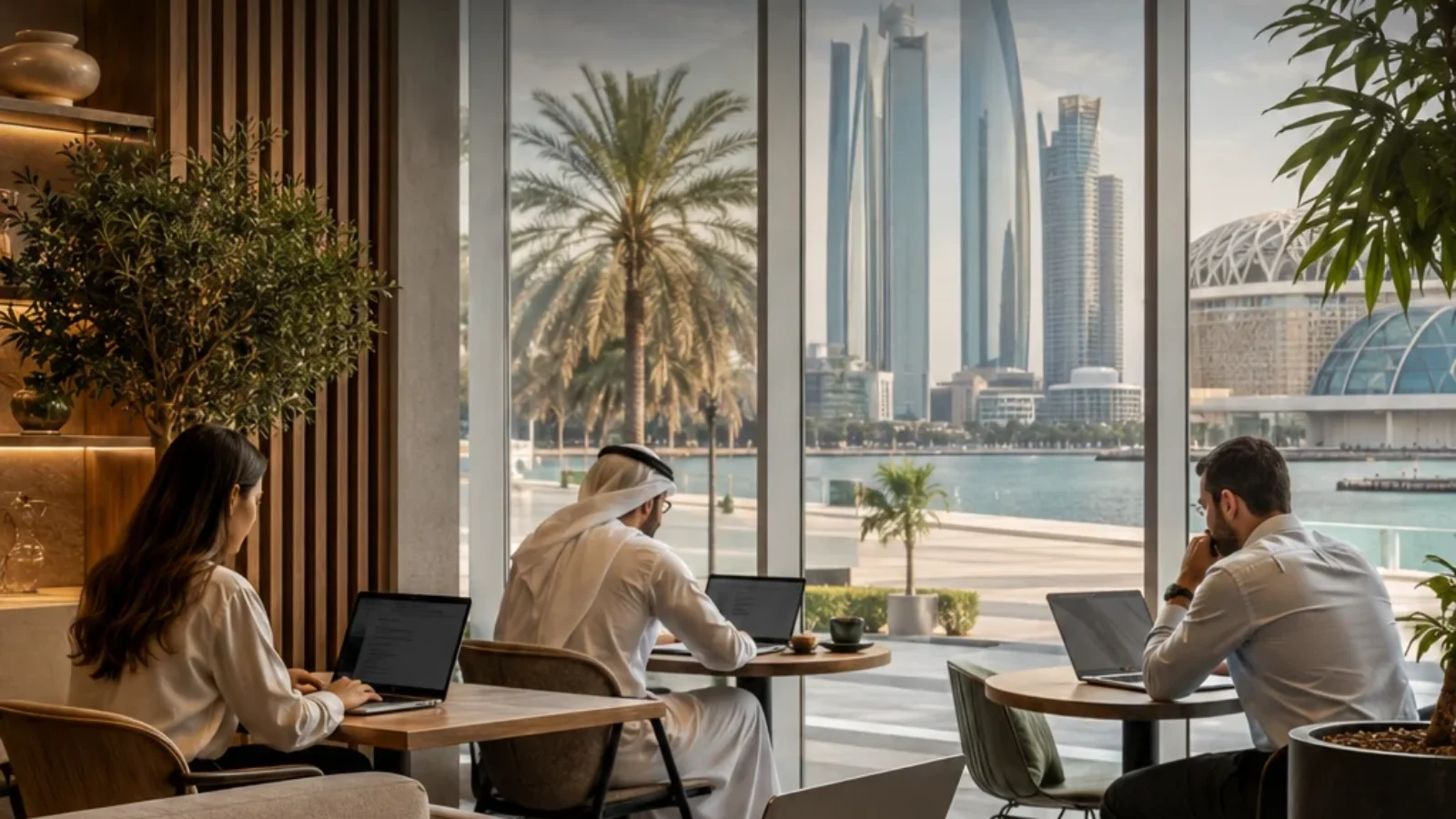 Generated editorial poster cover for a TopRatedPlaces.ai guide to Abu Dhabi coffee shops for remote work, showing a refined cafe workspace with laptops, specialty coffee, natural light and subtle skyline cues.