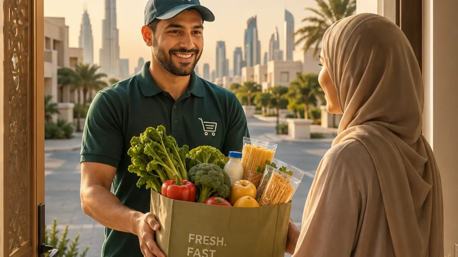 TopRatedPlaces.ai editorial grocery home delivery cover for the UAE showing a modern doorstep grocery handoff with fresh produce and pantry staples