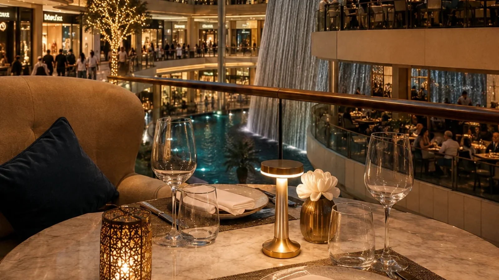 Editorial dining poster for TopRatedPlaces.ai showing an elegant Dubai Mall dining atmosphere with refined table settings and luxury retail architecture, no logos and no year text.