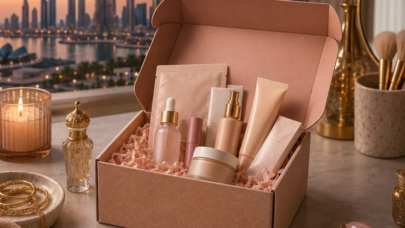 Premium editorial TopRatedPlaces.ai cover showing an unbranded beauty subscription box with skincare and cosmetics-style items in a UAE delivery lifestyle setting.