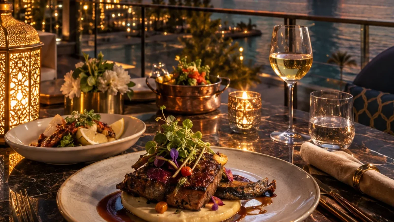 Editorial TopRatedPlaces.ai cover for Top 10 Restaurants in Dubai showing a refined Dubai dining setting with skyline and waterfront atmosphere