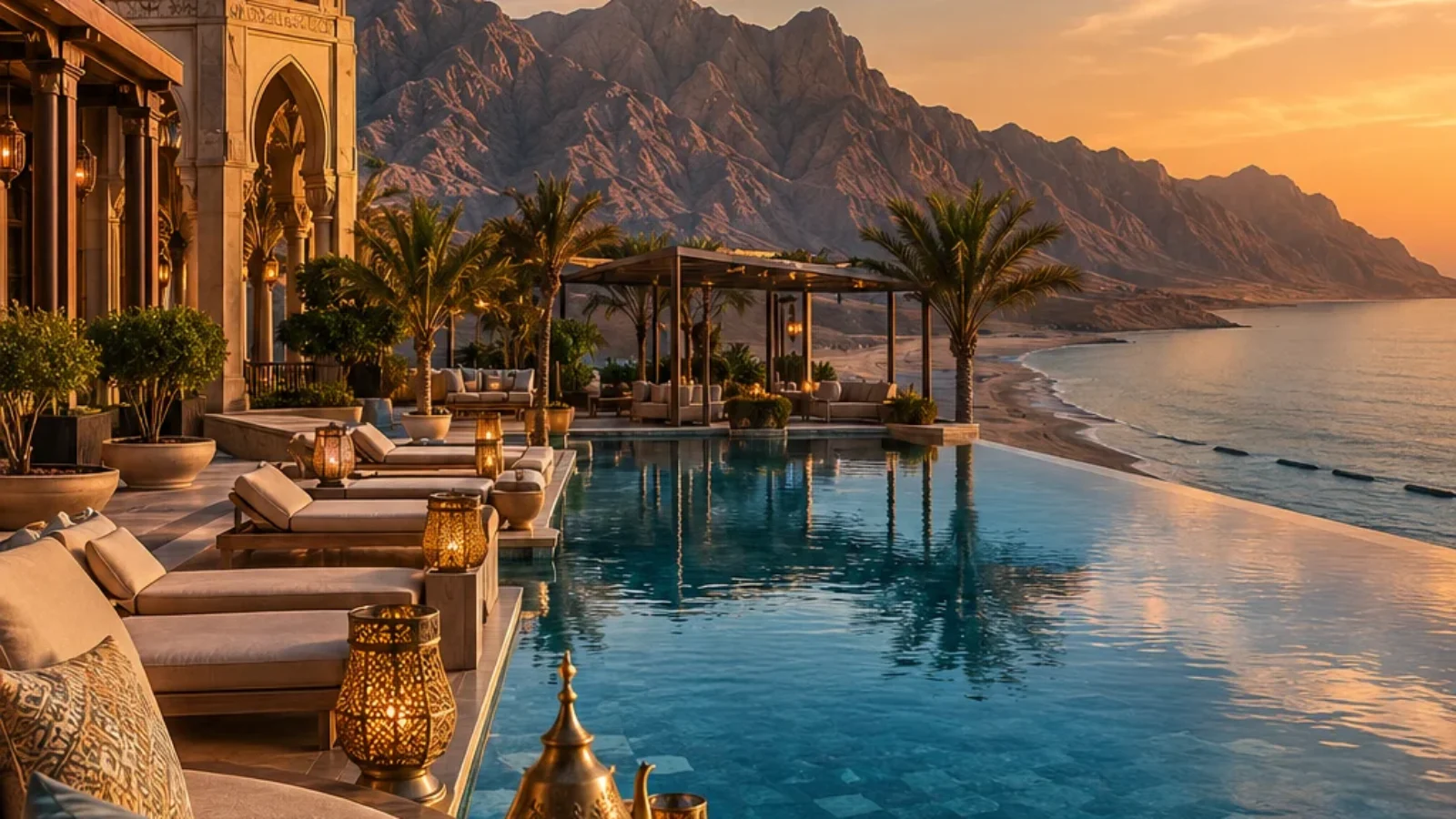 Premium editorial TopRatedPlaces.ai cover for top luxury hotels in Ras Al Khaimah with resort pool, Gulf coastline, desert and mountain cues