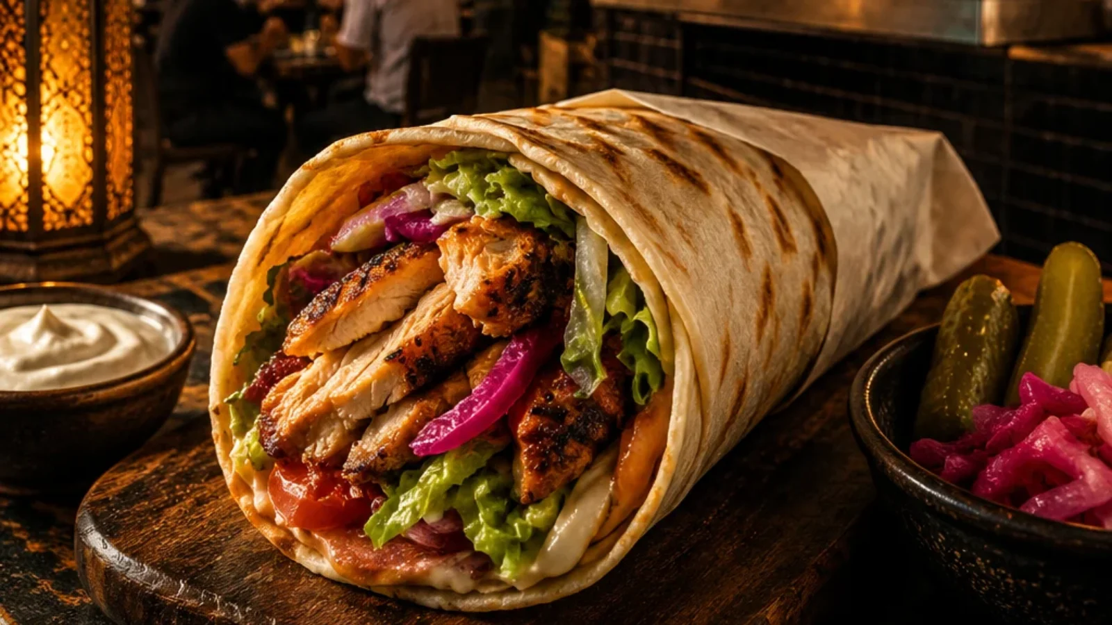 TopRatedPlaces.ai editorial poster cover for the top 10 shawarma spots in Dubai showing a shawarma wrap and warm Dubai street-food atmosphere without logos or year text