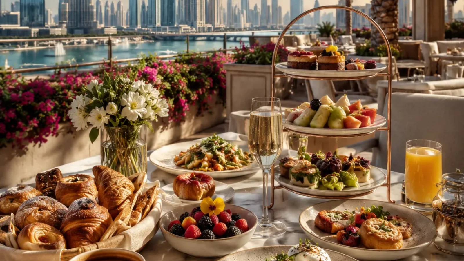 Generated editorial poster cover showing an elegant Dubai brunch terrace with skyline views for Top 10 Brunches in Dubai