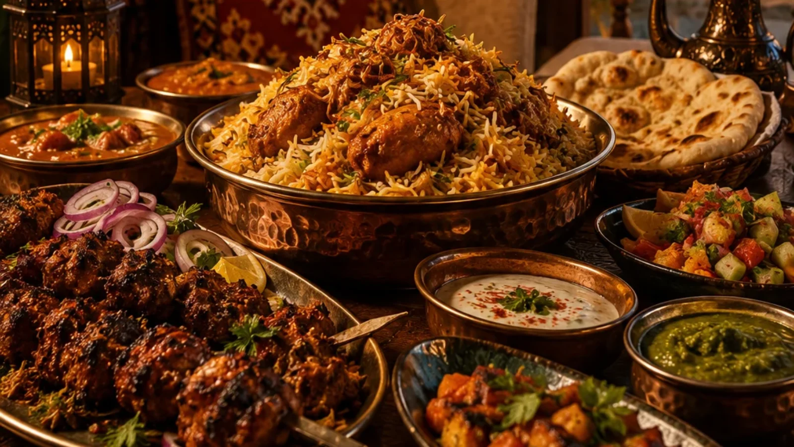 Editorial poster cover for TopRatedPlaces.ai guide to the top 10 Pakistani restaurants in Dubai, showing a warm Pakistani dining table with Dubai skyline cues.