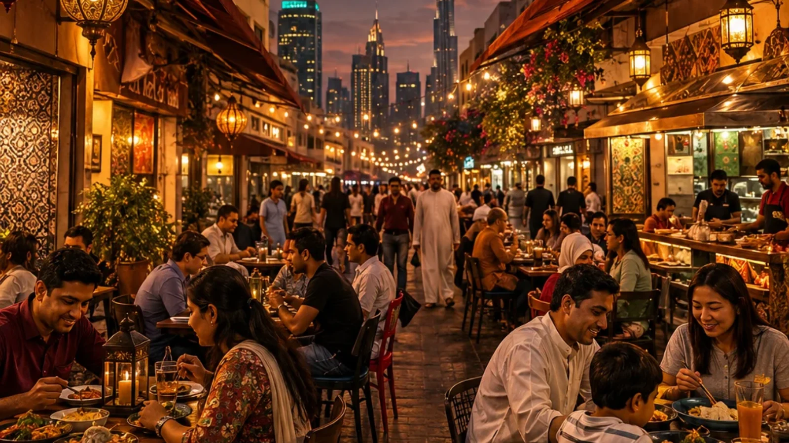 Premium editorial travel-poster cover showing a lively Karama, Dubai neighborhood dining scene with TopRatedPlaces.ai, Top 10 Restaurants, and Karama, Dubai typography.