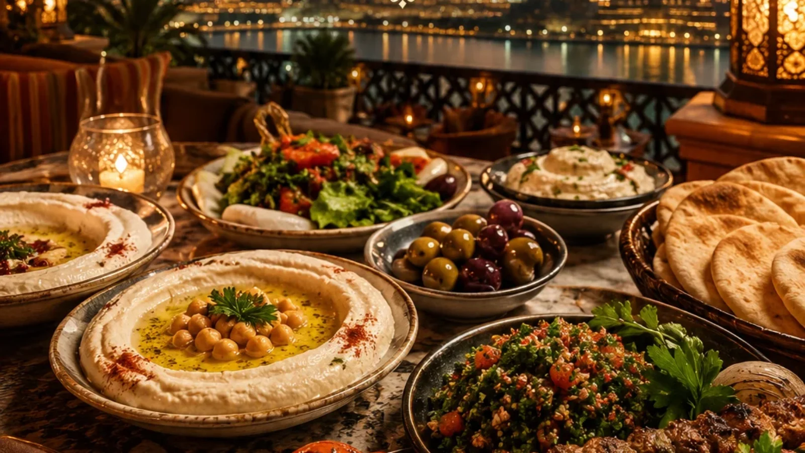 Premium editorial TopRatedPlaces.ai cover for Top 10 Lebanese Restaurants in Dubai with a refined Lebanese mezze table and Dubai skyline atmosphere