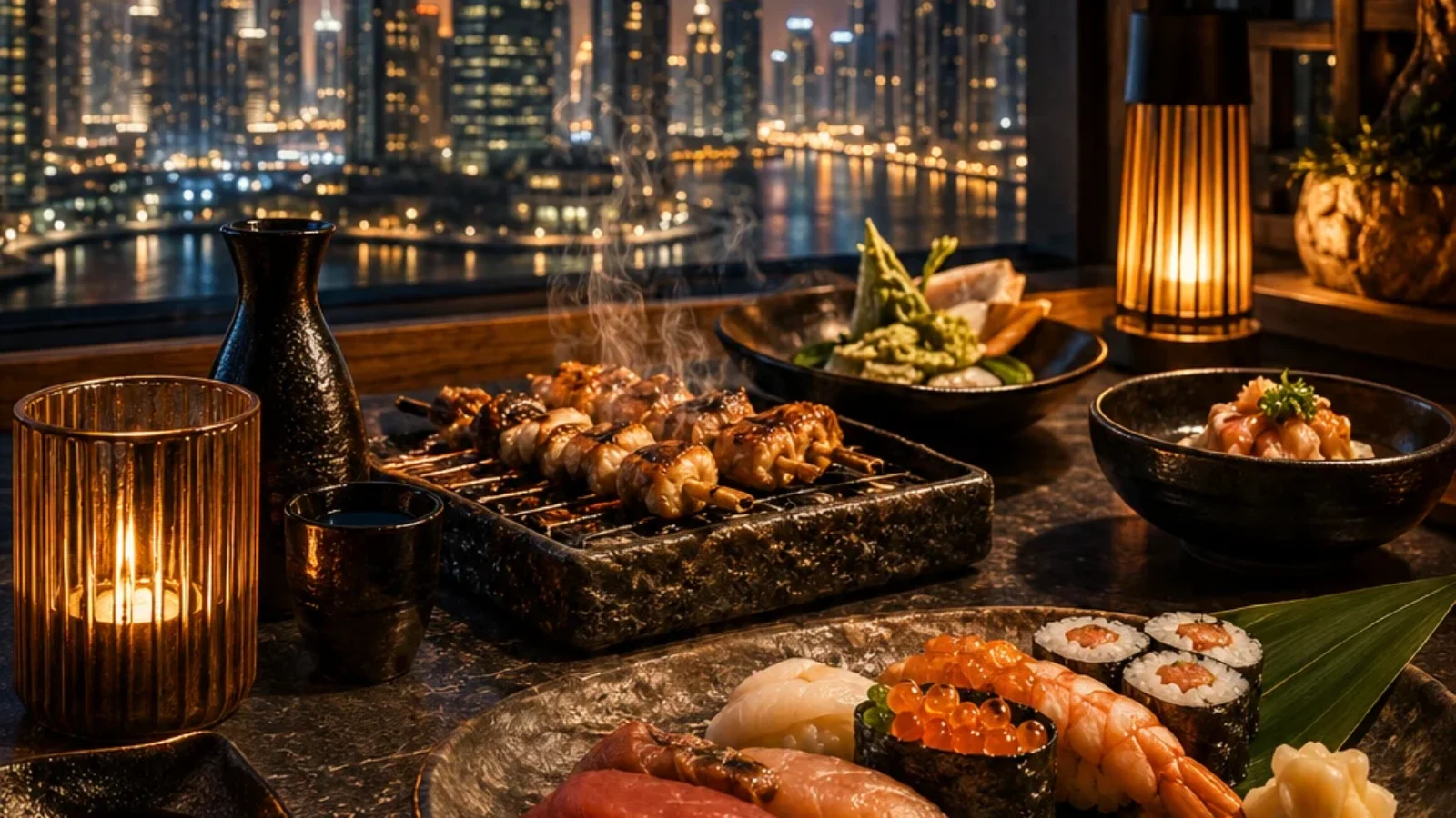 Premium editorial Japanese dining poster cover for Top 10 Japanese Restaurants in Dubai by TopRatedPlaces.ai