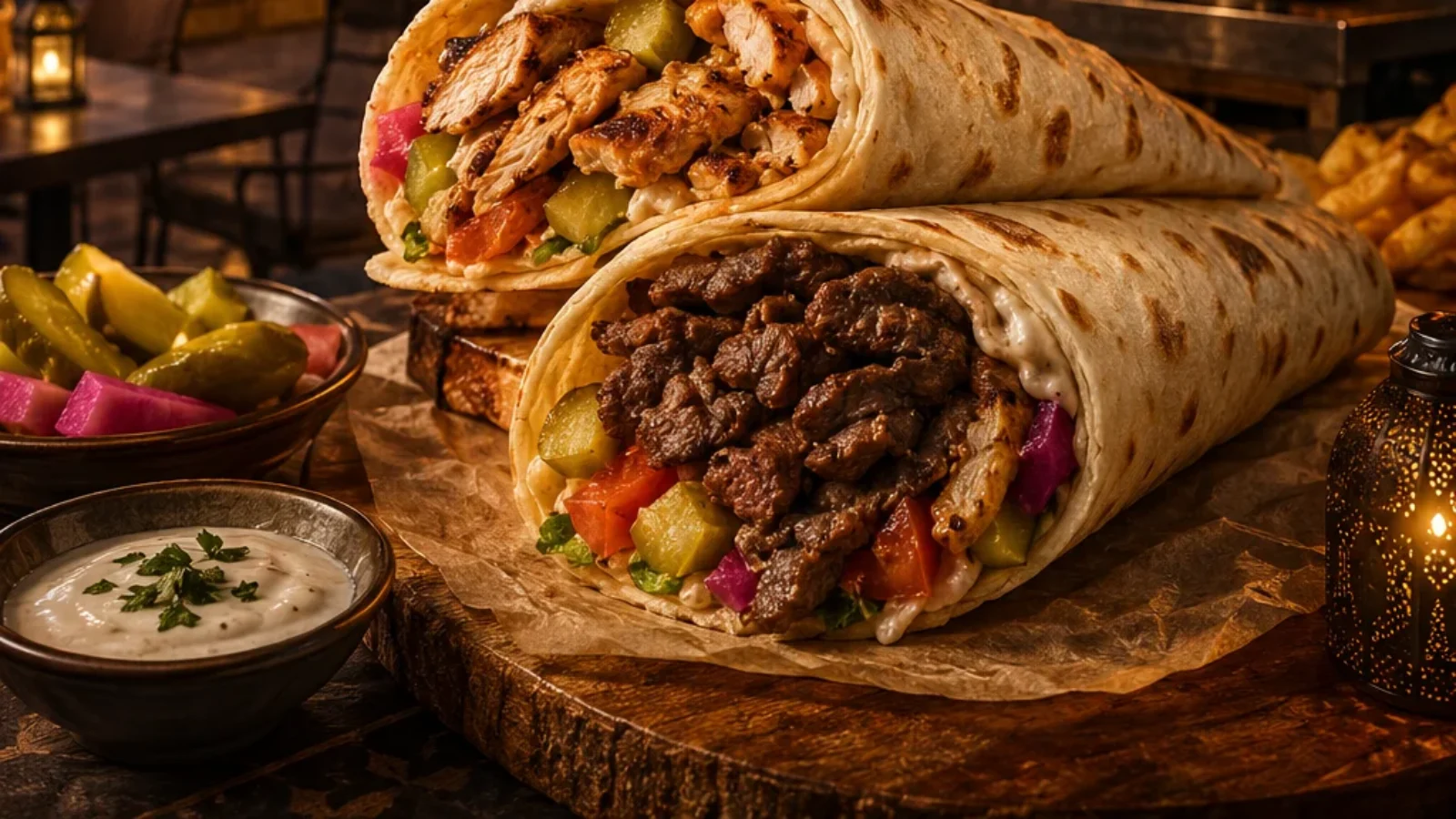 TopRatedPlaces.ai editorial poster cover for the Top 10 Shawarma Spots in Abu Dhabi guide, showing a refined Abu Dhabi street-food shawarma scene without restaurant logos.