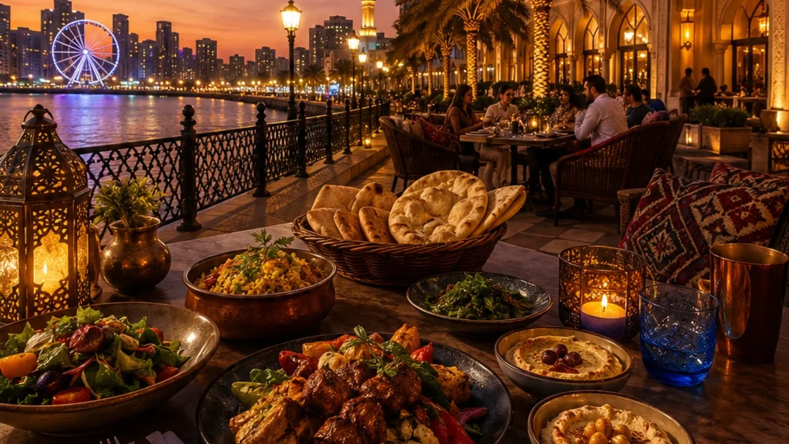 Editorial dining poster for TopRatedPlaces.ai Top 10 Restaurants in Sharjah guide