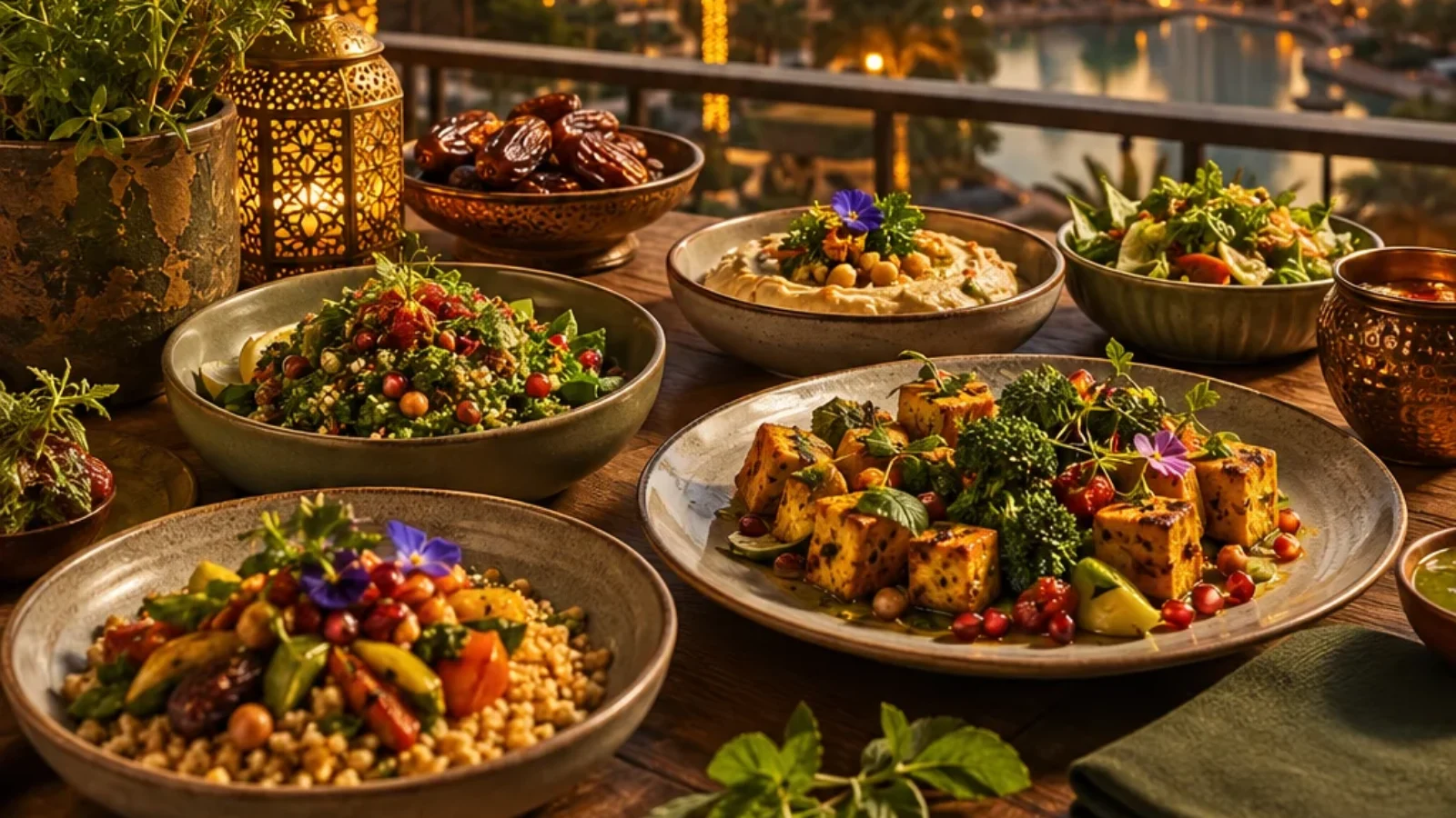 TopRatedPlaces.ai editorial travel-poster cover for Best Vegetarian Restaurants in Dubai, showing a refined vegetarian dining table with Dubai skyline cues.