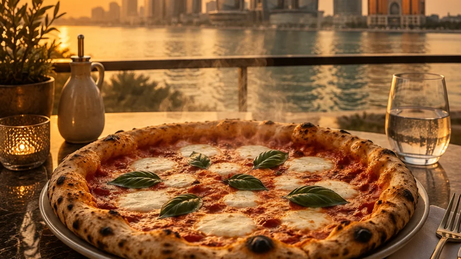 Editorial poster cover for Best Pizza Restaurants in Abu Dhabi showing artisan pizza by the Abu Dhabi waterfront skyline at sunset.