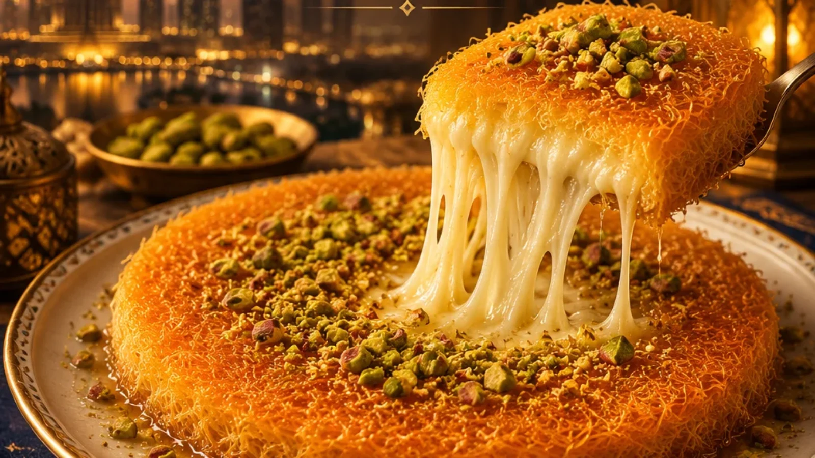 Editorial travel-poster cover showing golden kunafa with a Dubai skyline backdrop for Best Kunafa in Dubai 2026