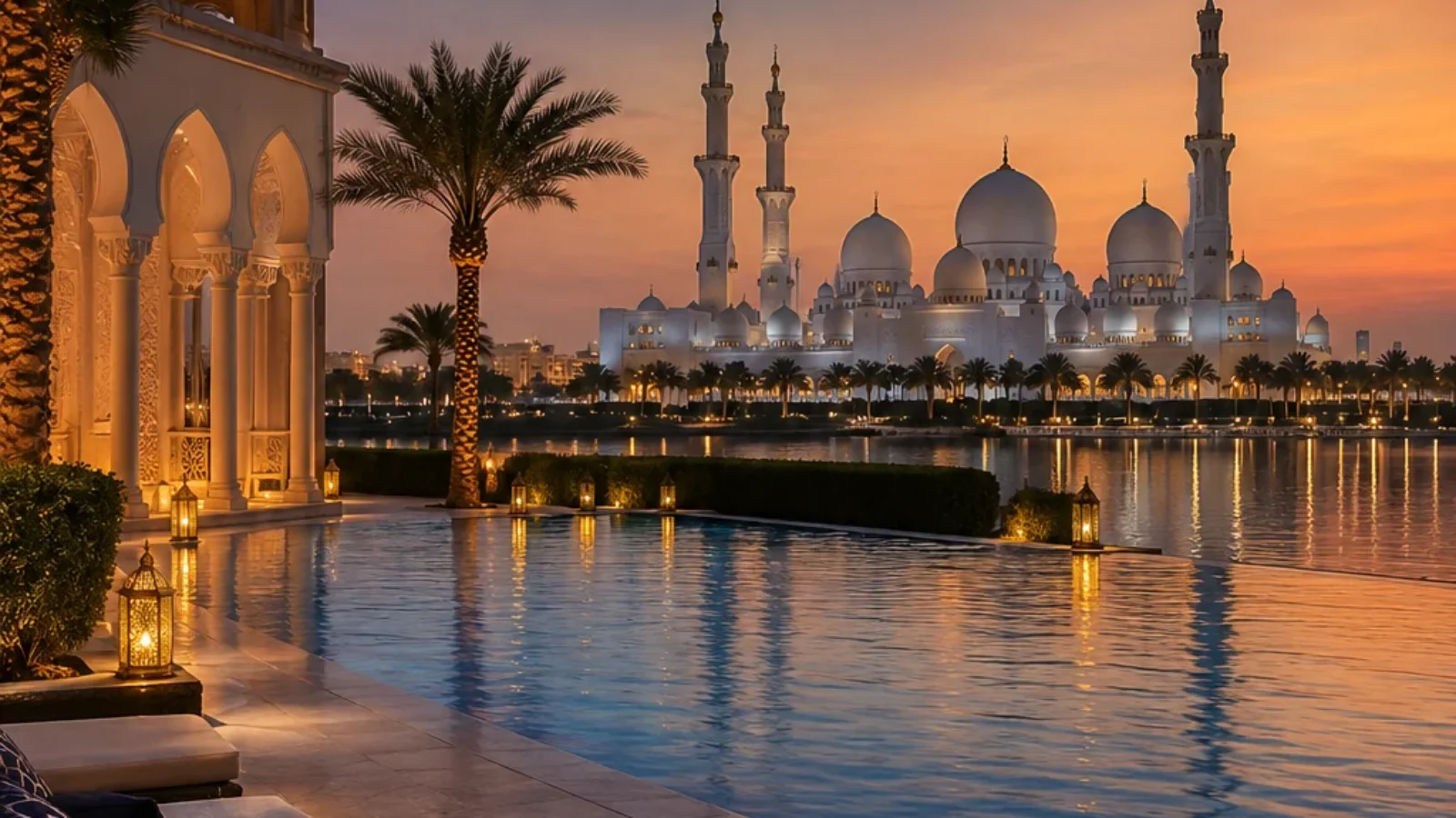 Premium editorial travel-poster cover for Best Luxury Hotels in Abu Dhabi for a Weekend Stay 2026, showing an Abu Dhabi luxury resort terrace with mosque skyline at sunset.