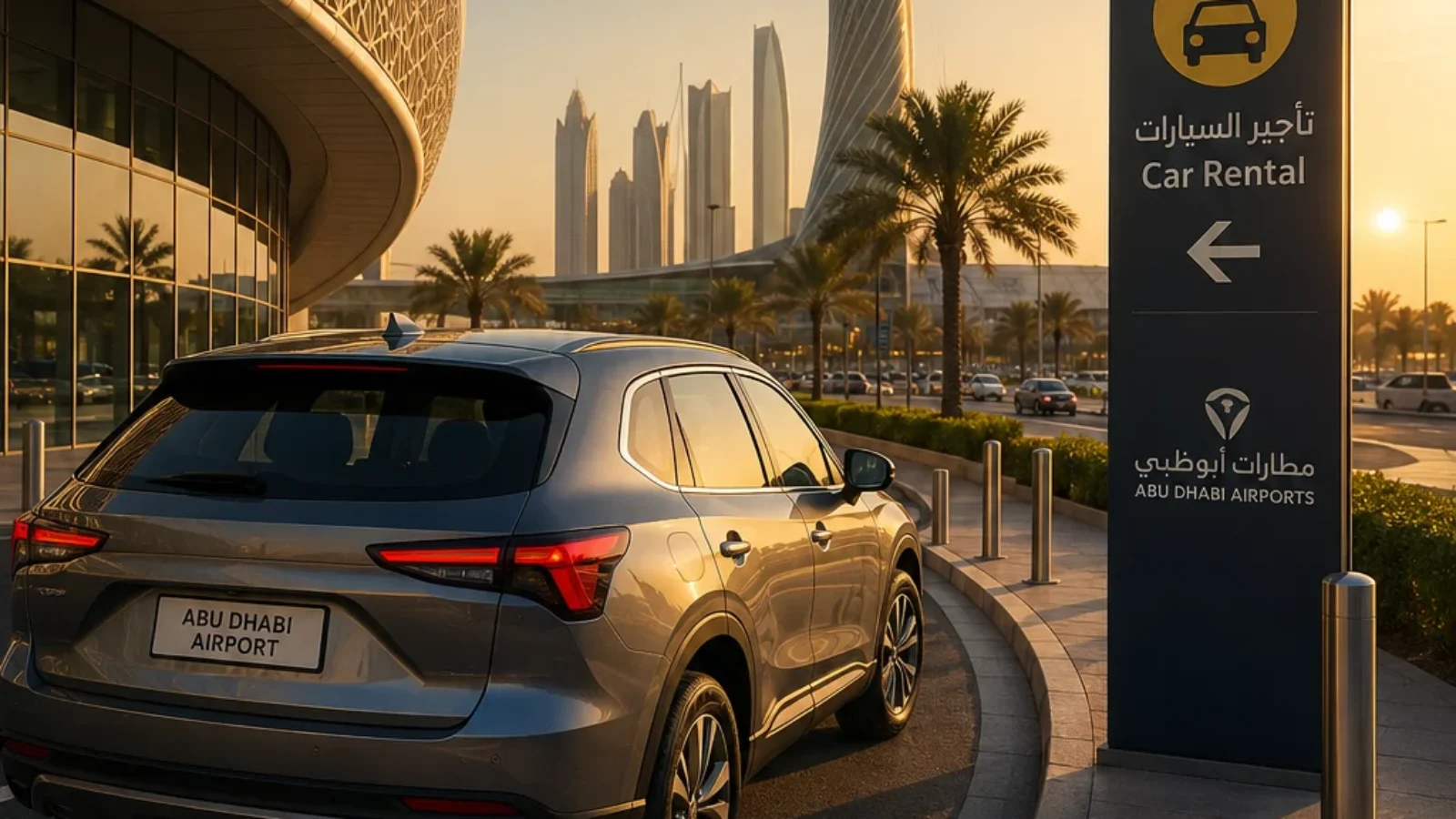 Editorial travel-poster cover for the 2026 TopRatedPlaces.ai guide to car rental services at Abu Dhabi Airport.