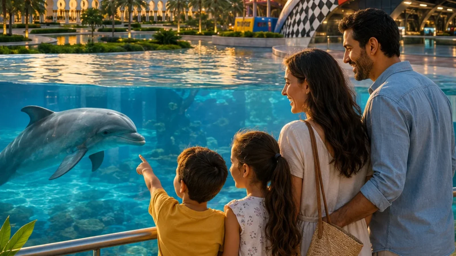 Editorial travel-poster cover for the best family-friendly attractions in Abu Dhabi featuring Yas Island, mosque-inspired Abu Dhabi landmarks, aquarium imagery, and family travel cues.