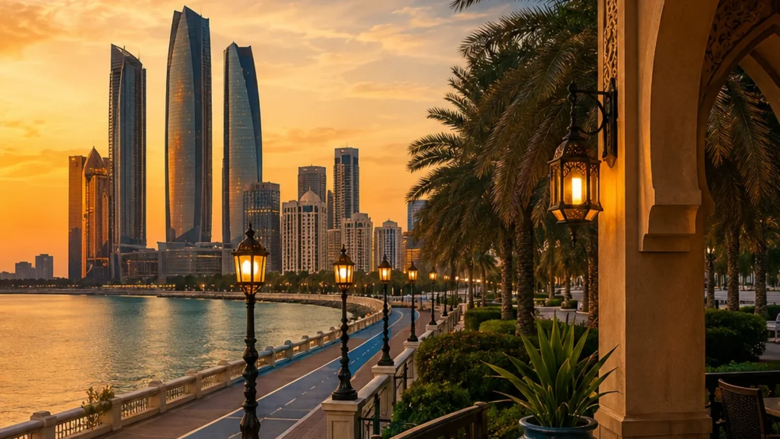 Editorial travel-poster cover for affordable hotels in Abu Dhabi near the Corniche, with skyline, waterfront promenade, and sunset colors.