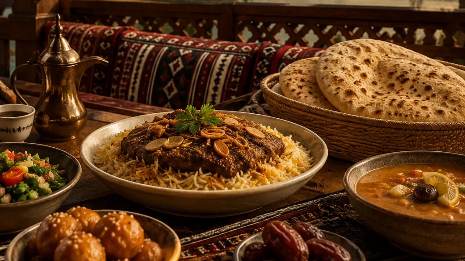 Editorial travel-poster cover for Best Authentic Emirati Restaurants in Abu Dhabi showing Abu Dhabi architecture and Emirati dishes