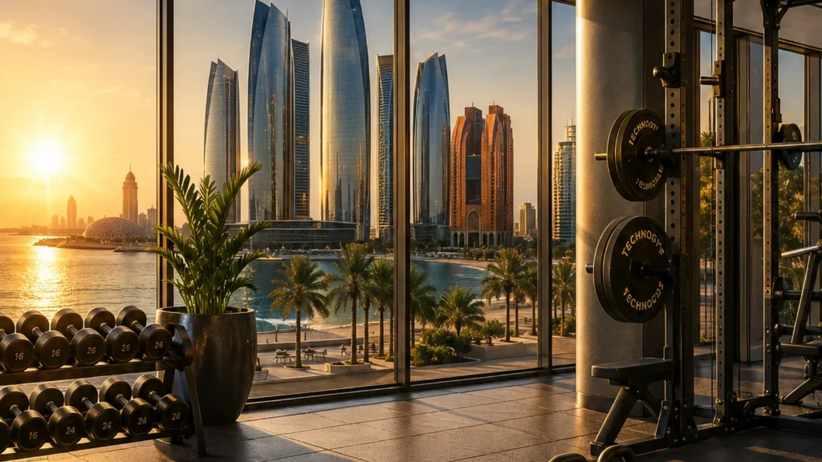 Editorial poster cover for Best Gyms and Fitness Centers with Personal Training in Abu Dhabi showing a premium gym overlooking the Abu Dhabi skyline.