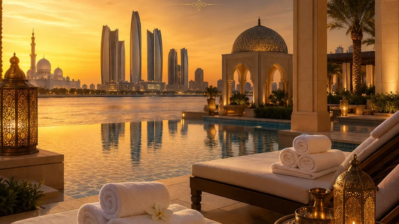 Premium editorial travel-poster cover for luxury spas and wellness centers with day access in Abu Dhabi, showing a serene spa terrace at sunset with loungers, folded towels, lanterns, palms and reflective water.