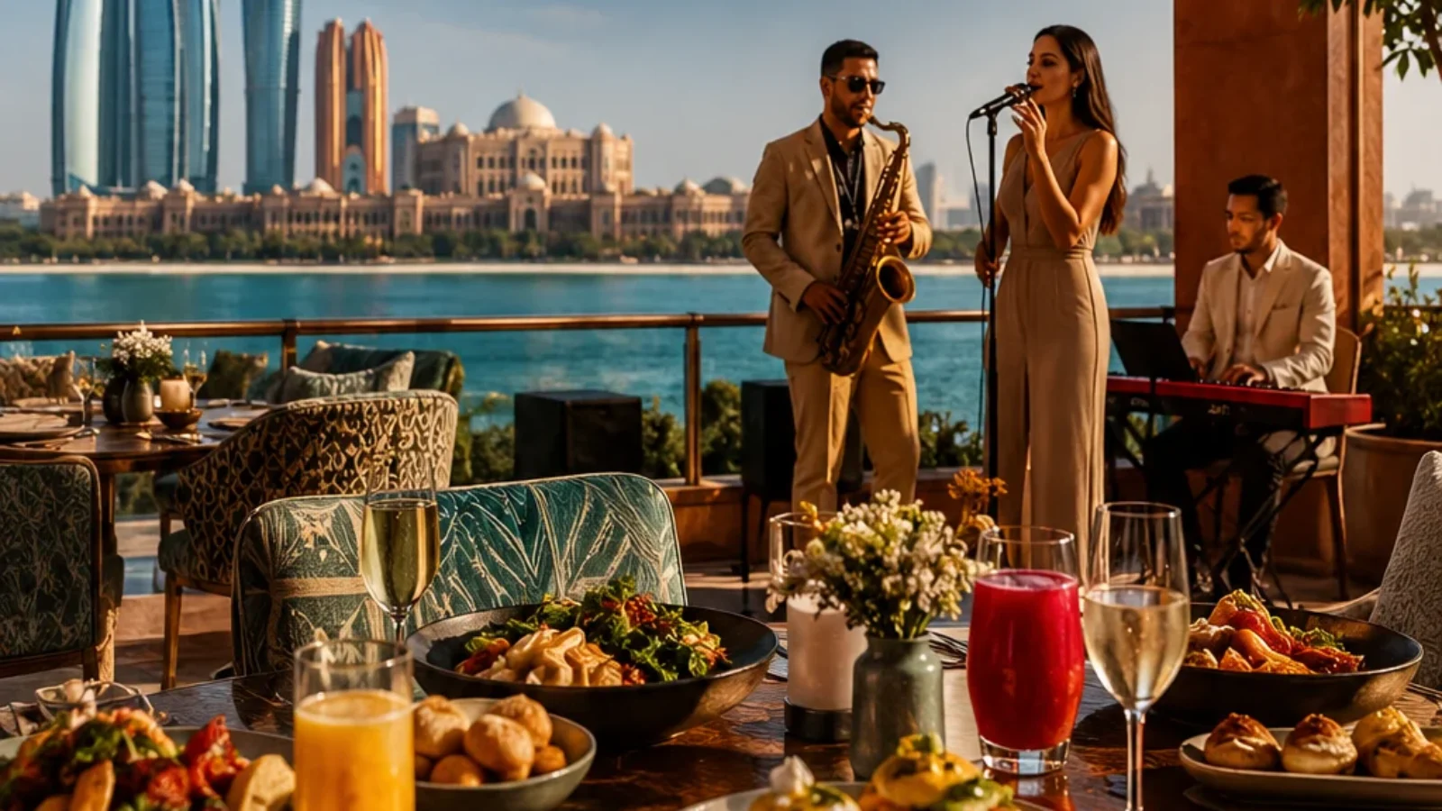 Editorial travel-poster cover for TopRatedPlaces.ai guide to Abu Dhabi weekend brunch venues with live entertainment, showing a waterfront brunch setting with live musicians.
