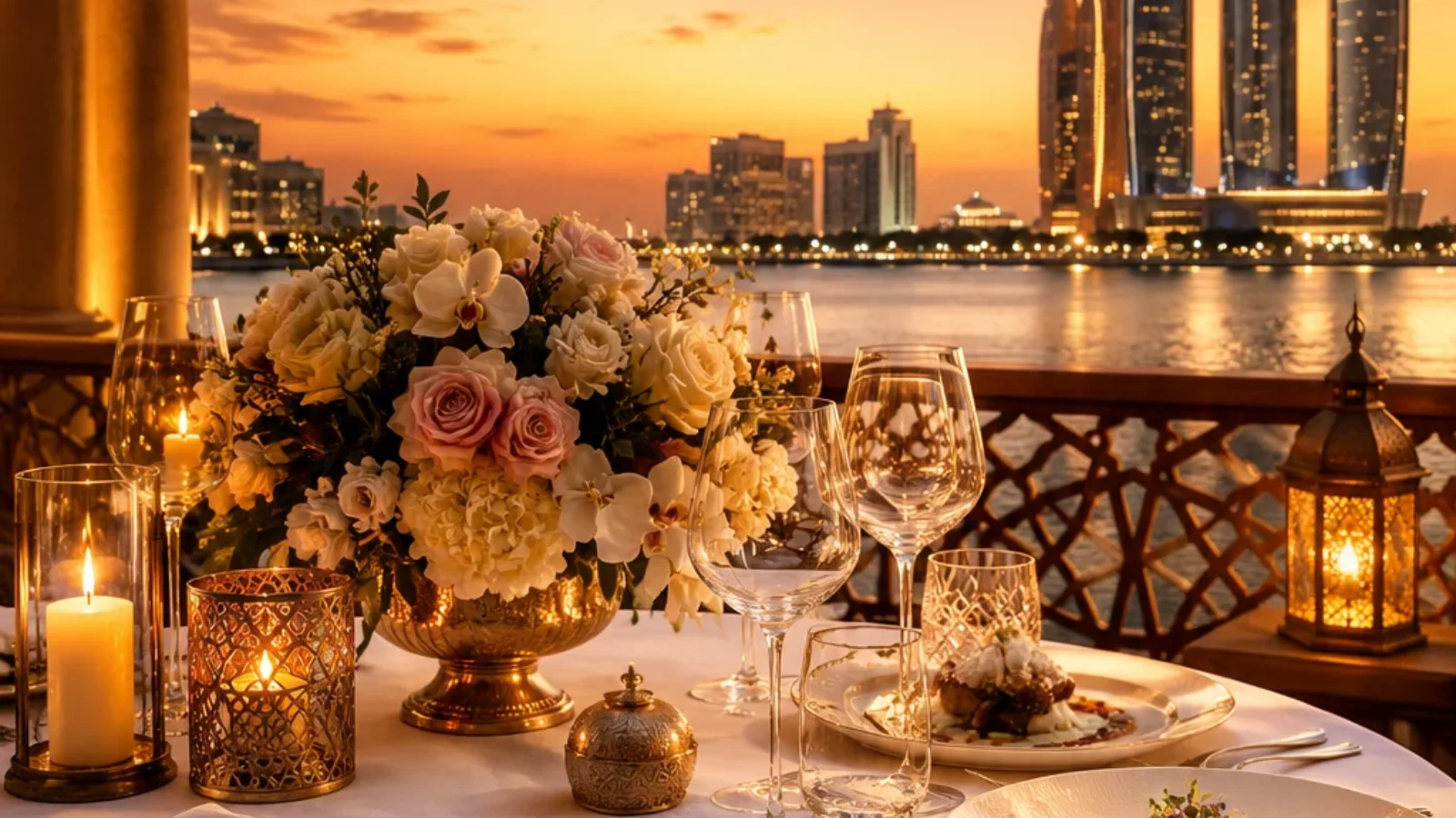 Editorial travel-poster cover for the best fine dining restaurants in Abu Dhabi for celebrations