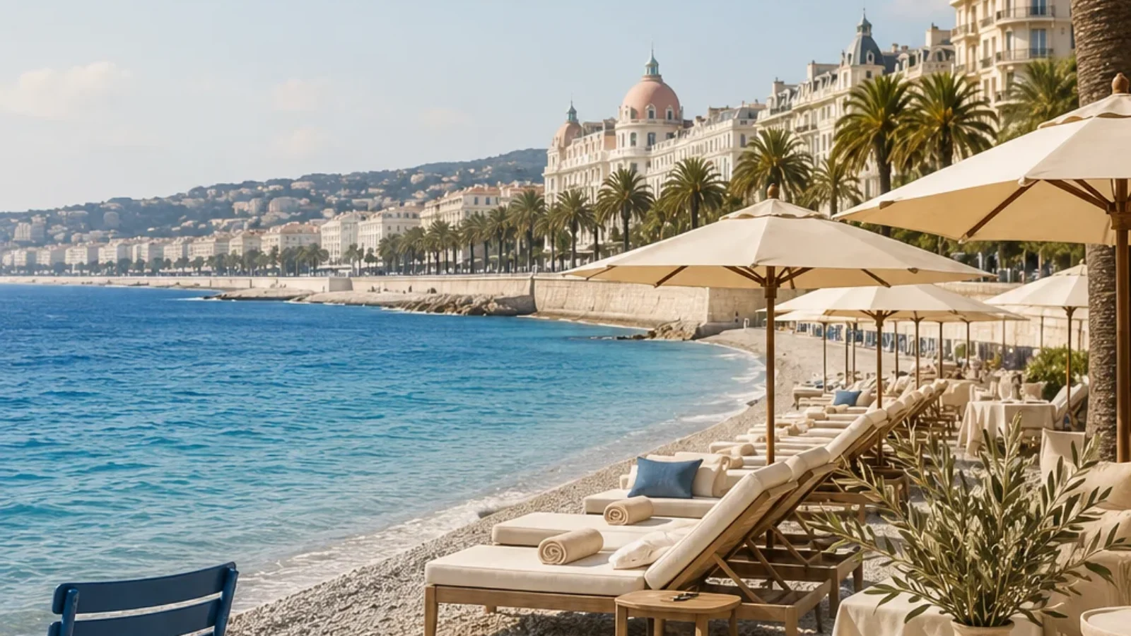 Editorial travel-poster cover for the best beach clubs in Nice accessible without a car