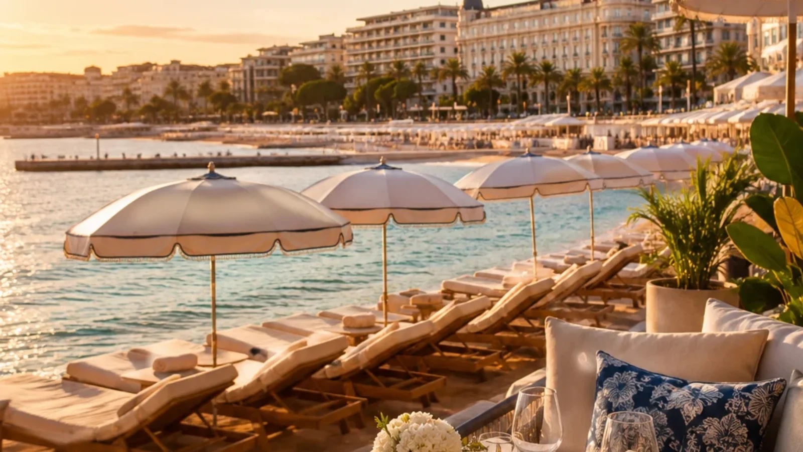 TopRatedPlaces.ai editorial cover for Best Beach Clubs in Cannes showing Croisette sunbeds, umbrellas and a seaside lunch table