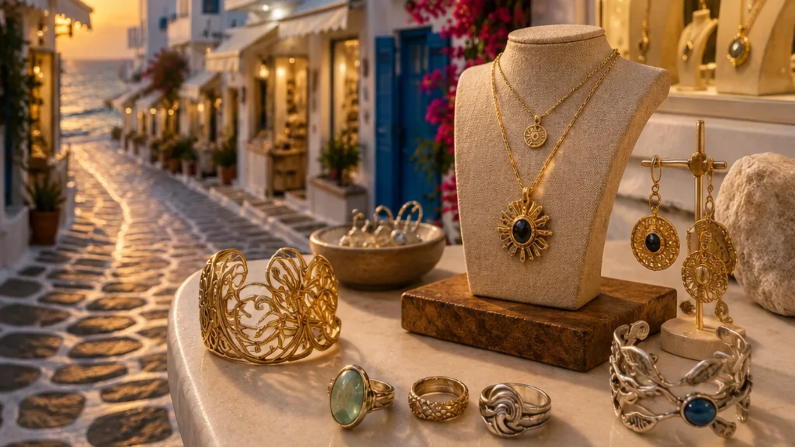 Editorial travel-poster cover for Greek-made jewelry shopping in Mykonos Town with Cycladic architecture and gold jewelry display