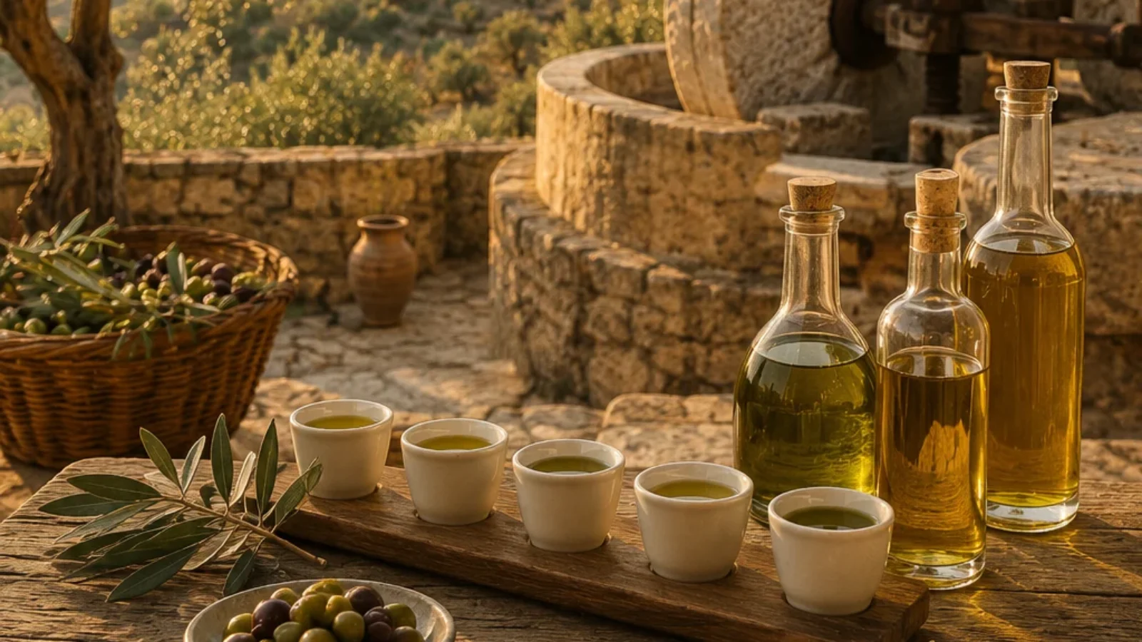 Editorial travel-poster cover showing Cretan olive groves, an olive mill, and olive oil tasting near Heraklion.