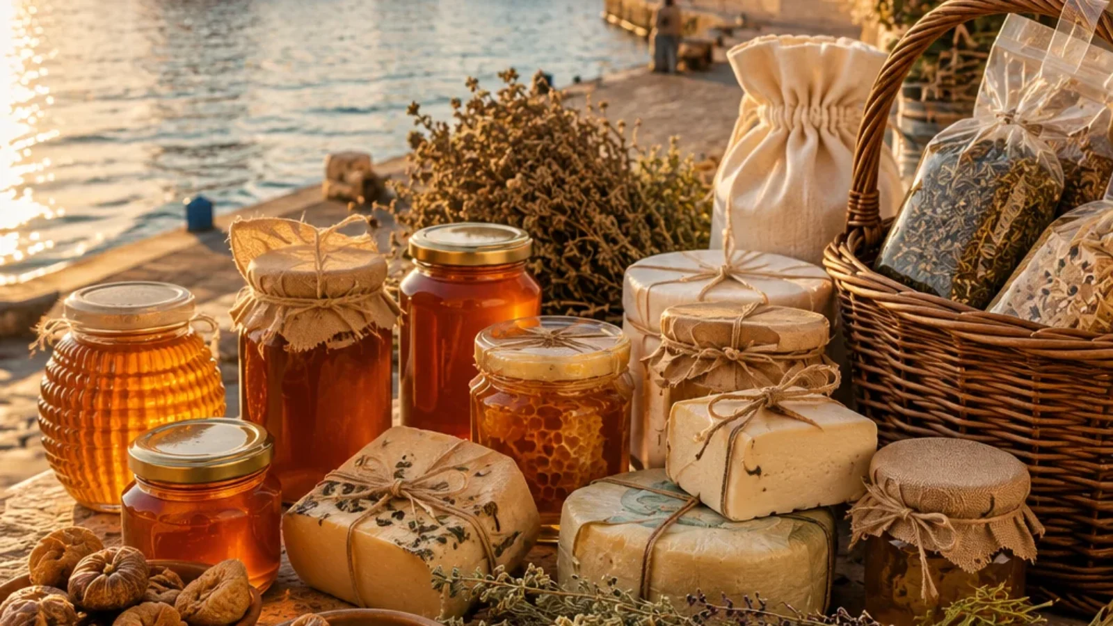 Editorial travel-poster cover for Cretan food shops in Chania with honey, cheese, herbs and local gifts by the Venetian Harbour.