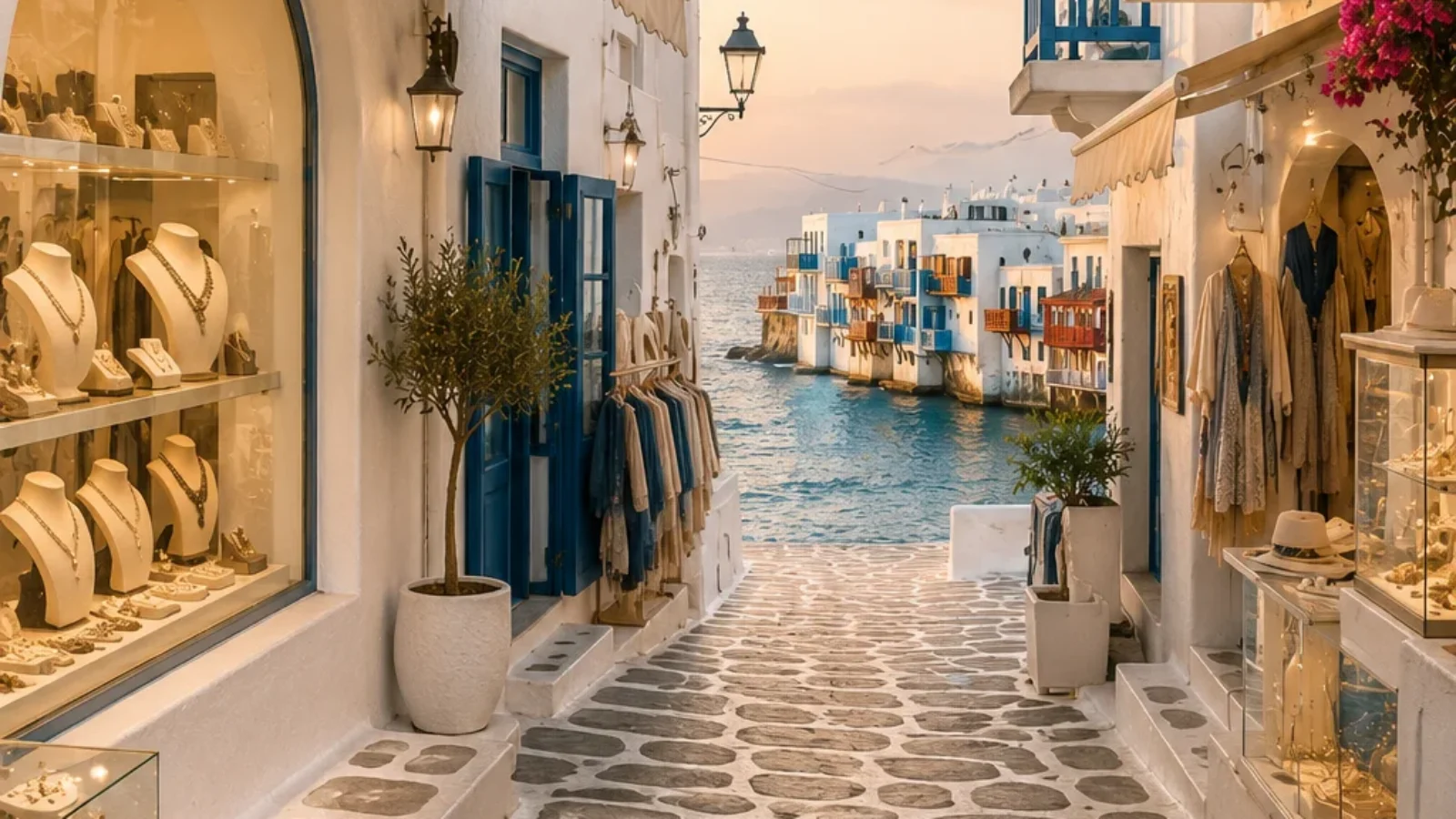 Editorial travel-poster cover for a Mykonos Town shopping route through Matogianni Street and Little Venice boutiques.