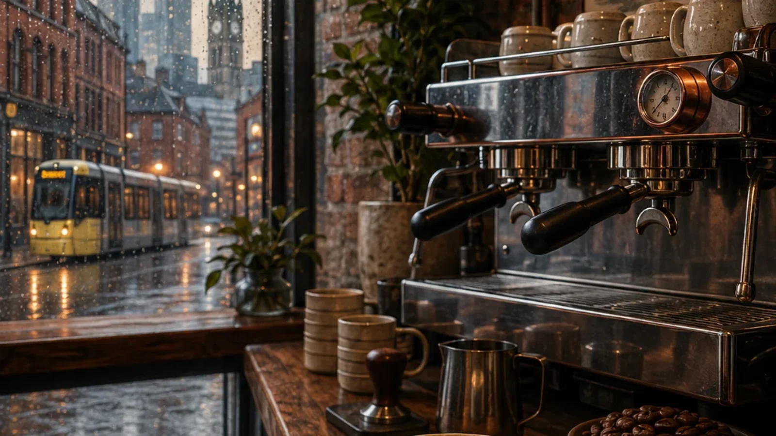 TopRatedPlaces.ai editorial cover for Best Coffee Shops in Manchester 2026 showing a rainy Manchester specialty coffee shop scene with espresso machine and latte art.