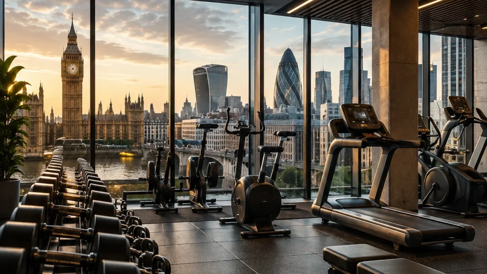 Editorial cover for Best Gym Memberships in the UK 2026 showing a modern gym with UK skyline cues