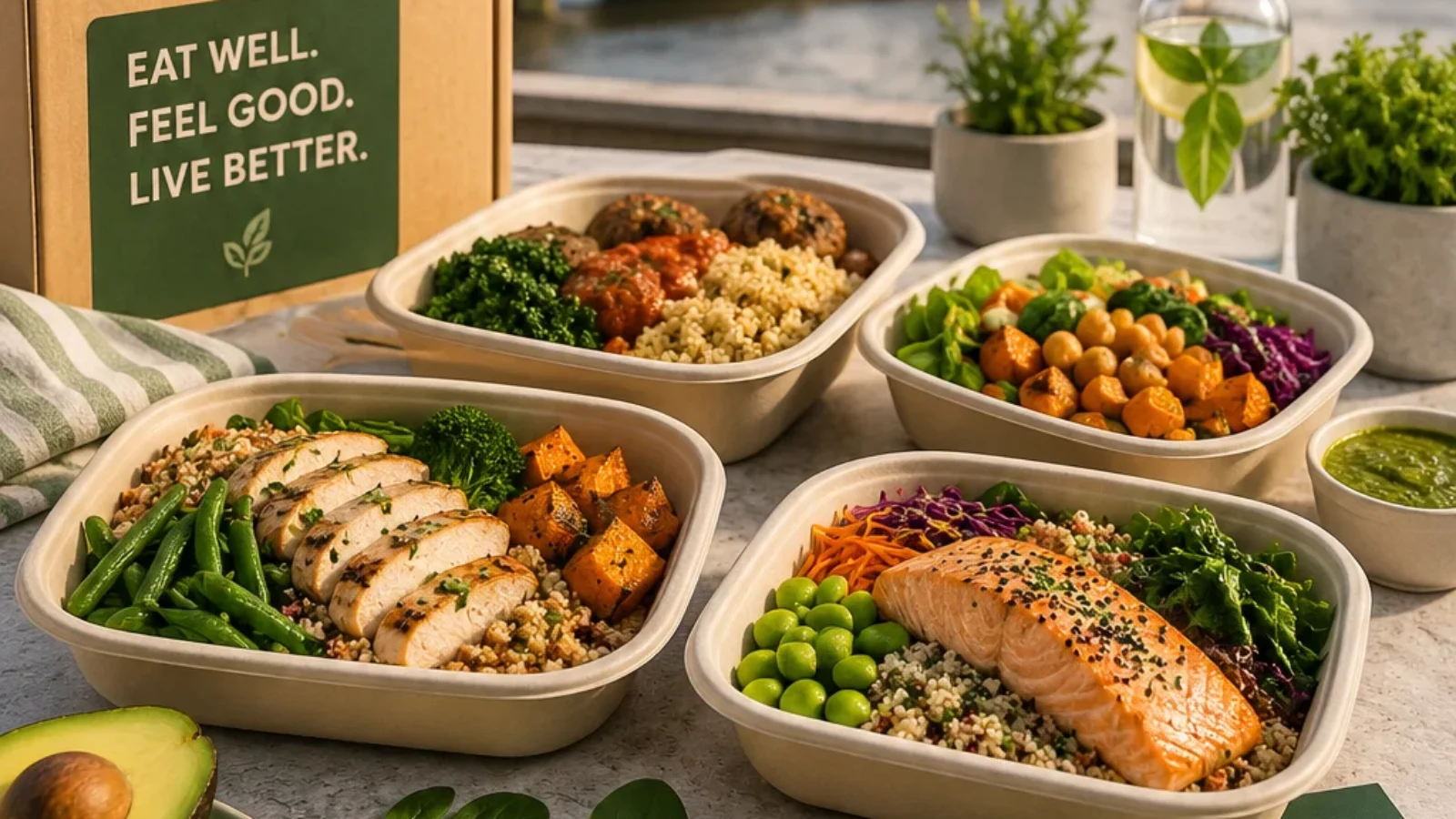 Editorial cover for Best Healthy Meal Delivery Services in the UK showing healthy prepared meals and a UK delivery setting