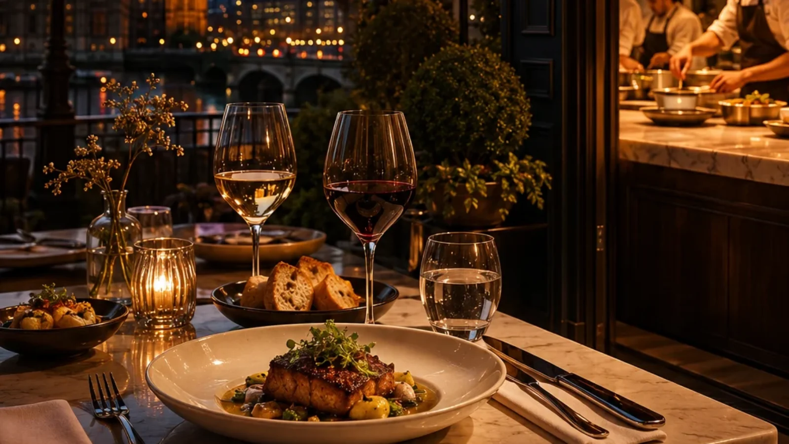 Editorial travel-poster cover for the best restaurants in London showing an elegant restaurant table and London skyline at dusk
