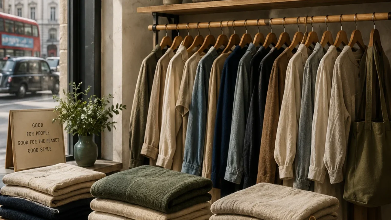 Editorial poster cover for TopRatedPlaces.ai guide to the best sustainable fashion brands in the UK, showing a refined UK boutique with natural fabrics, repaired denim and pre-loved clothing tags.