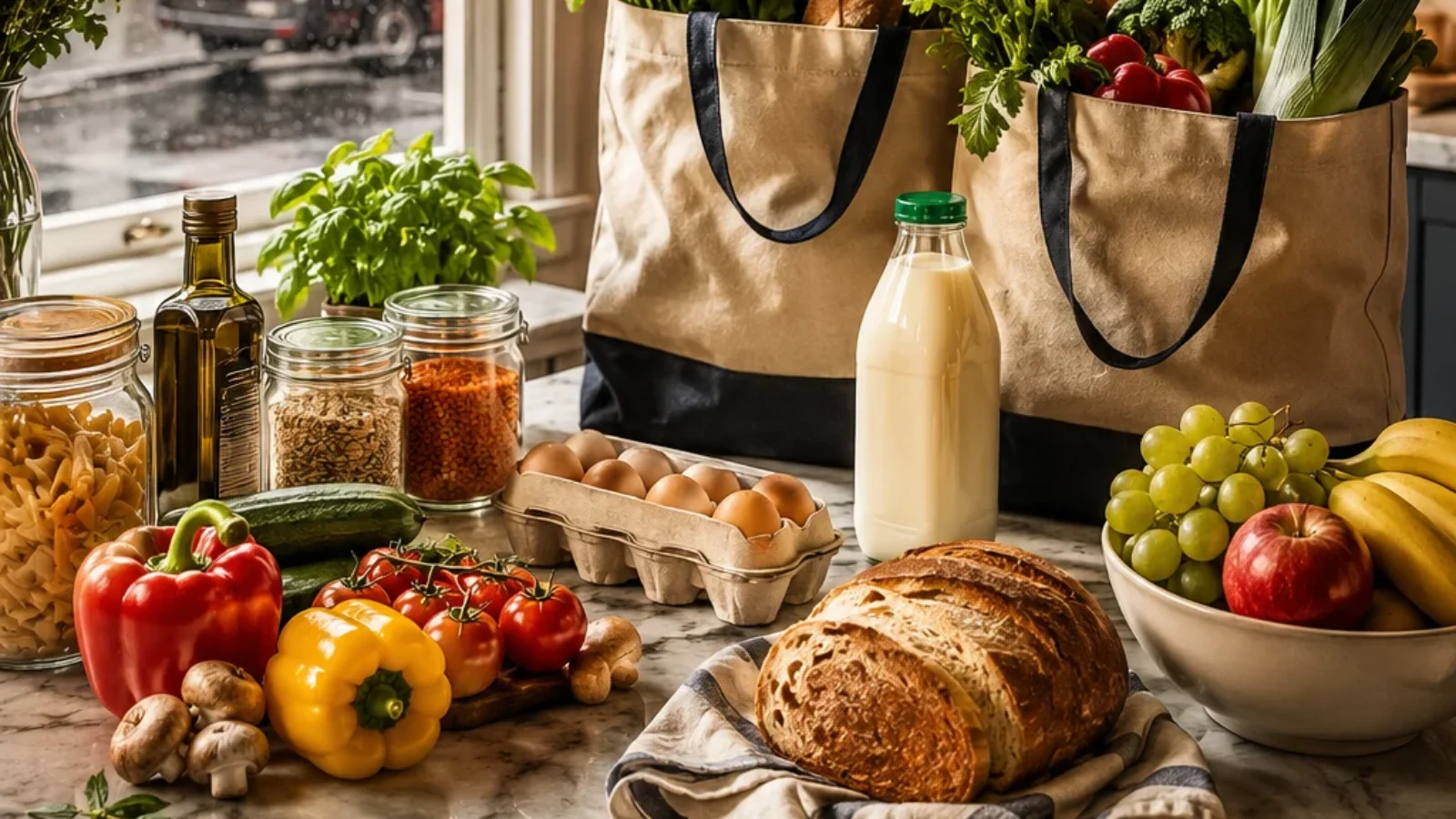 Editorial cover for Best Online Supermarkets for Groceries in the UK showing grocery bags, fresh produce and a UK delivery scene