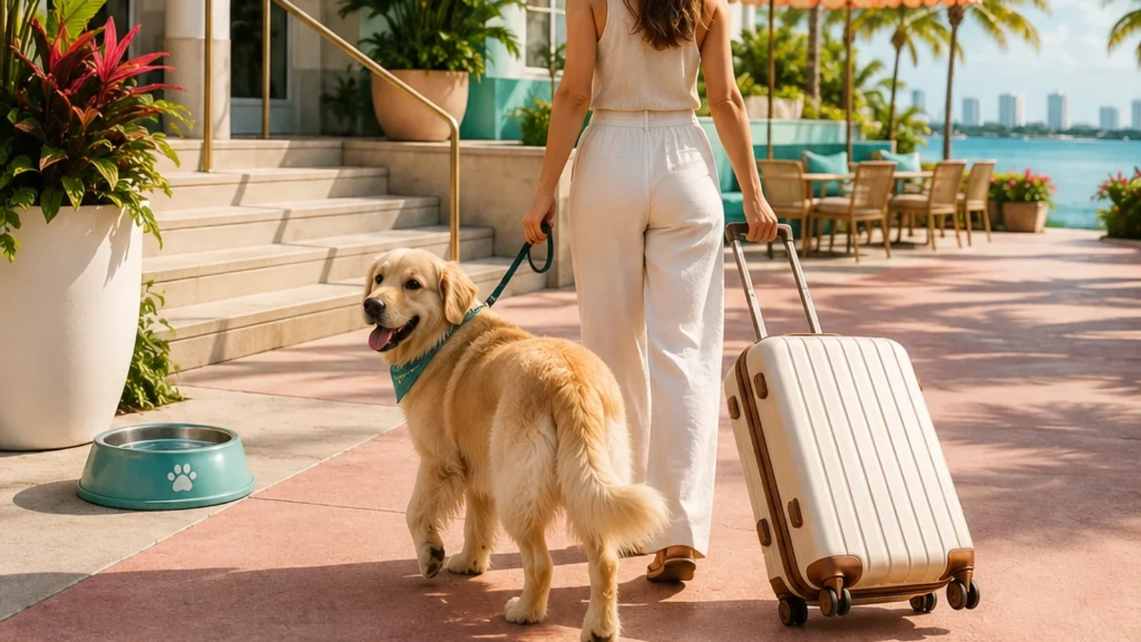 Traveler arriving at an Art Deco-inspired Miami hotel with a leashed dog and luggage beneath palm trees.