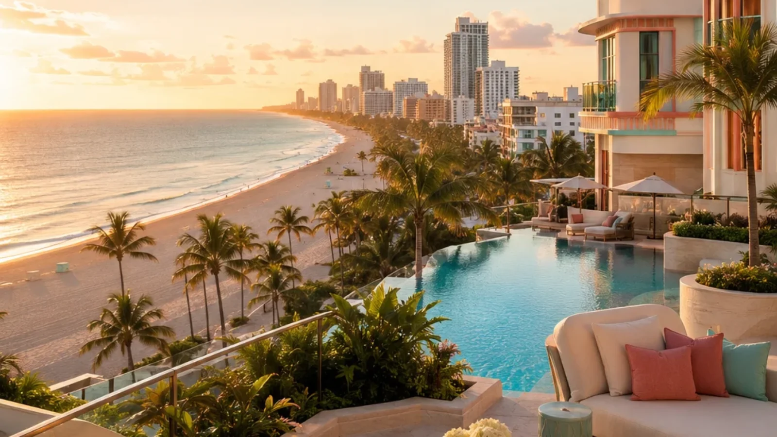 Luxury oceanfront hotel terrace overlooking Miami Beach at golden hour, with ocean, palms, Art Deco architecture and infinity pool.