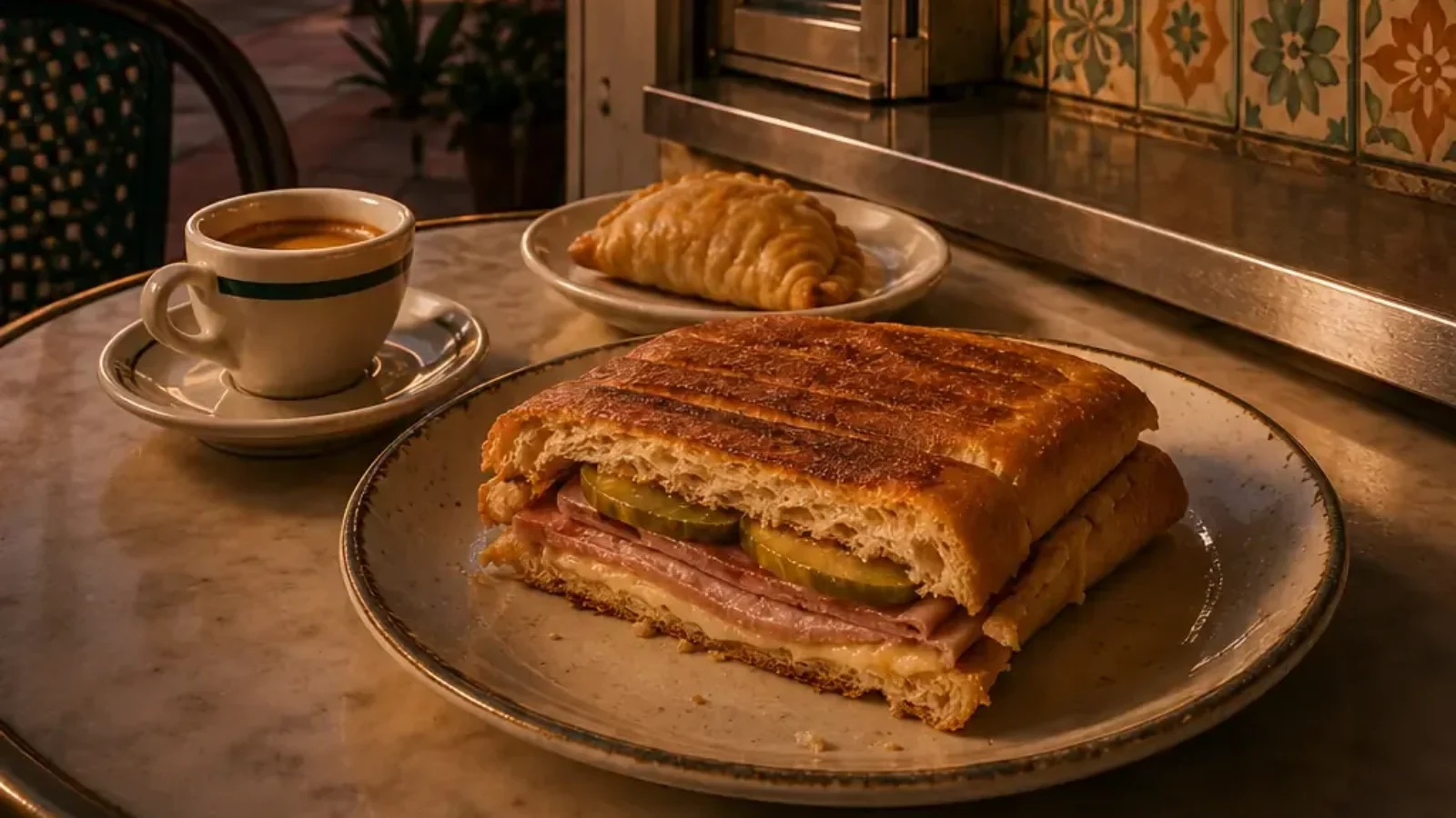 Pressed Cuban sandwich with café cubano overlooking a Miami streetscape at sunset
