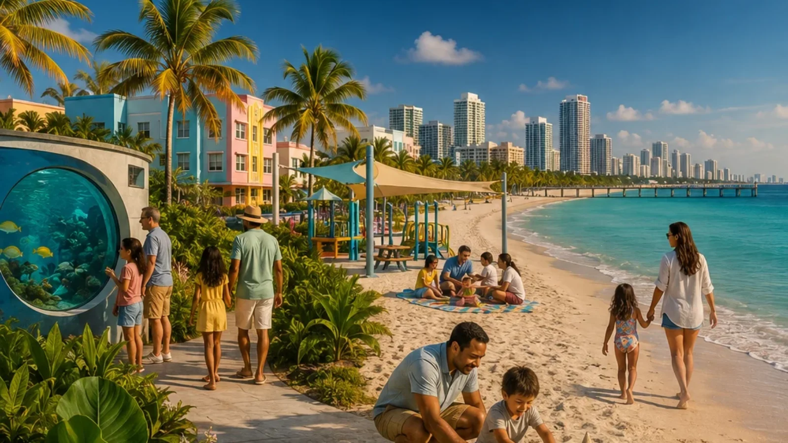 Families enjoying a Miami beach day with a playground, tropical garden, aquarium view and skyline