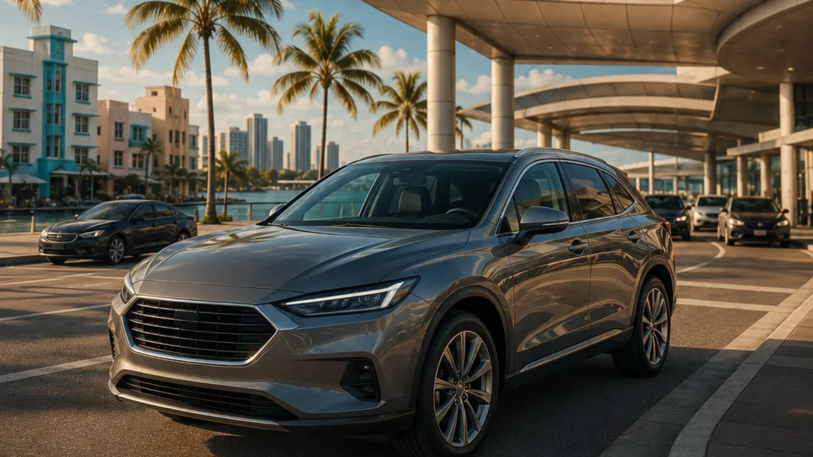 Rental car outside Miami International Airport with palm trees and modern terminal architecture