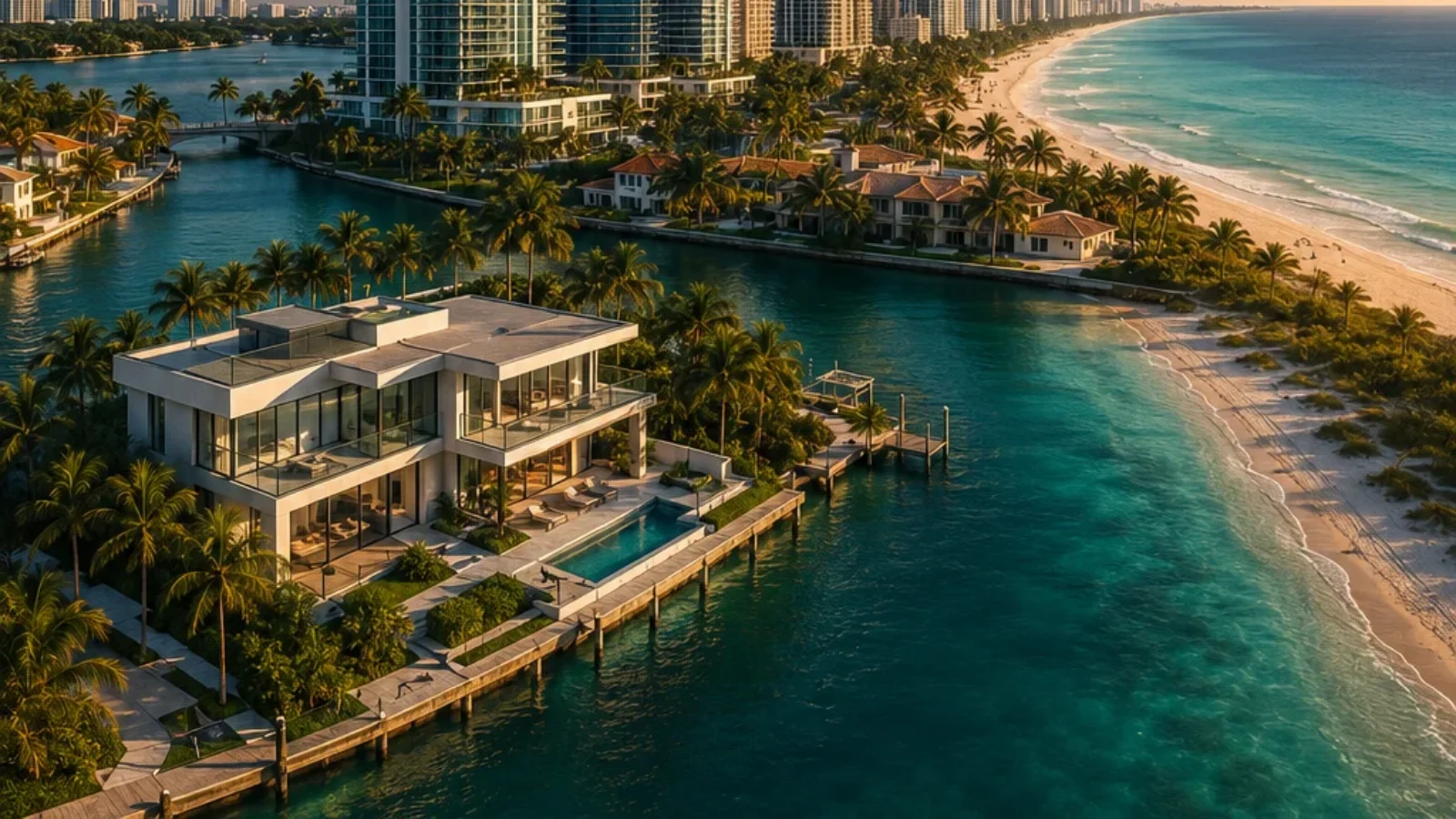 Miami beachfront real estate experts editorial cover showing oceanfront towers, beach and waterfront homes