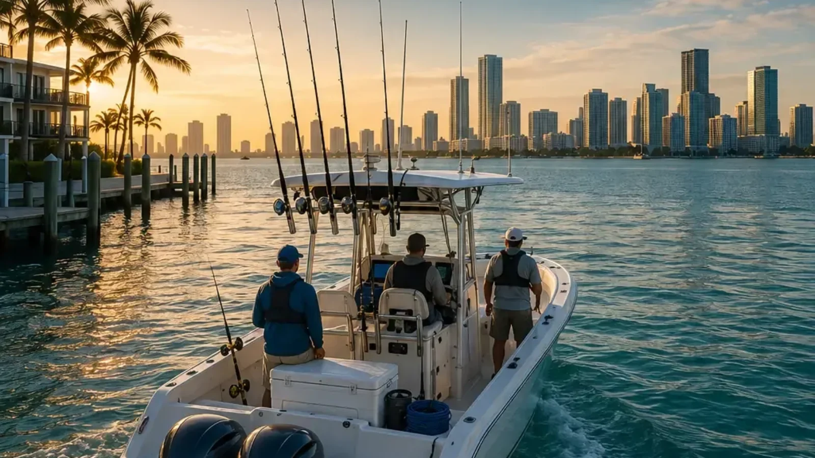 TopRatedPlaces.ai editorial cover for the best Miami boat rental services for fishing trips, showing a fishing boat leaving a Miami marina at sunrise.