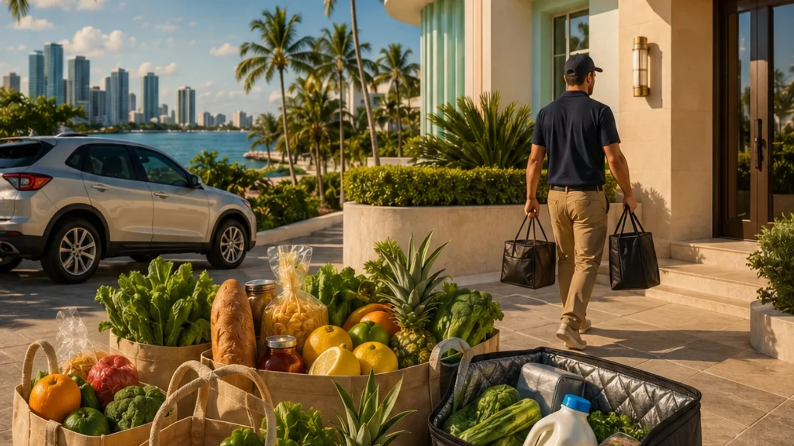 Best Miami grocery delivery services editorial cover with grocery bags, a courier and Miami Art Deco scenery