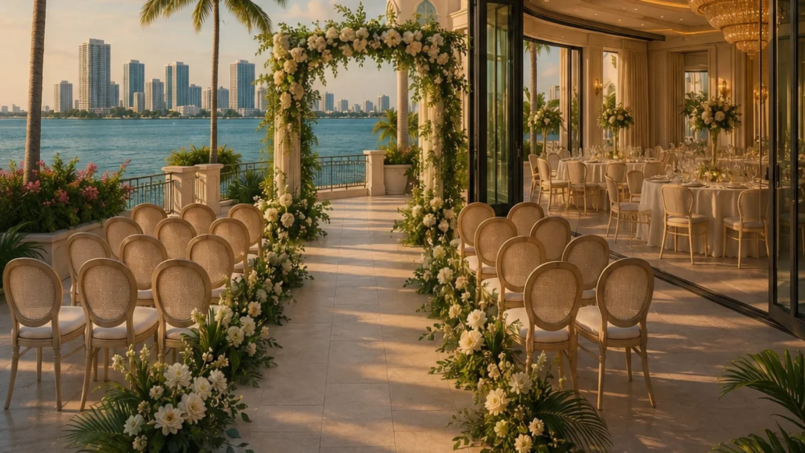 Elegant Miami waterfront wedding venue with palm trees, floral ceremony arch and indoor-outdoor reception space