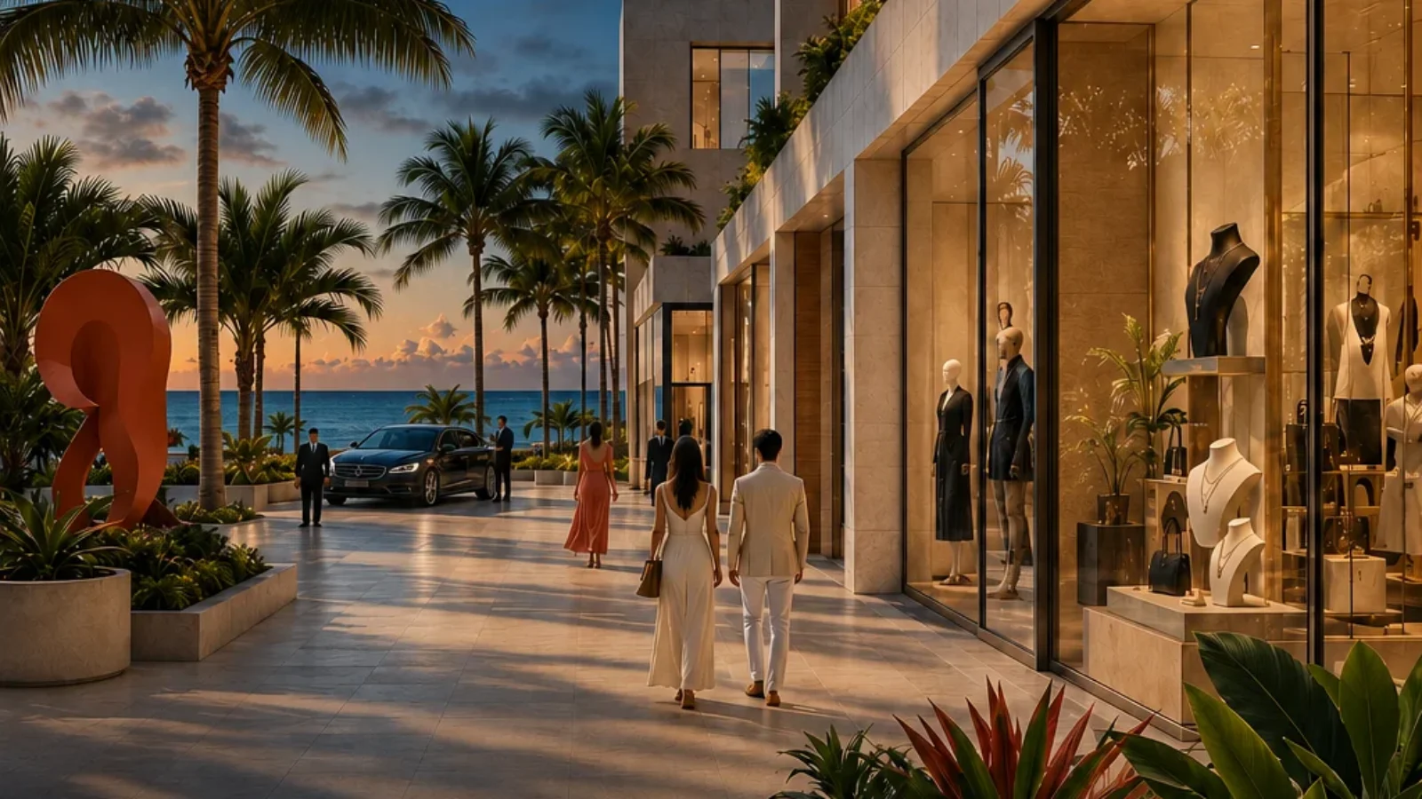 Premium editorial cover for Best High-End Shopping Districts in Miami showing an elegant palm-lined luxury shopping promenade at sunset