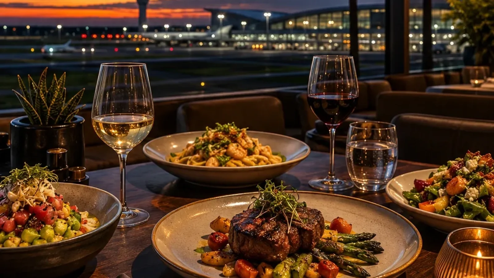 Editorial dining scene overlooking Orlando International Airport at sunset for the Best Restaurants Near Orlando Airport guide
