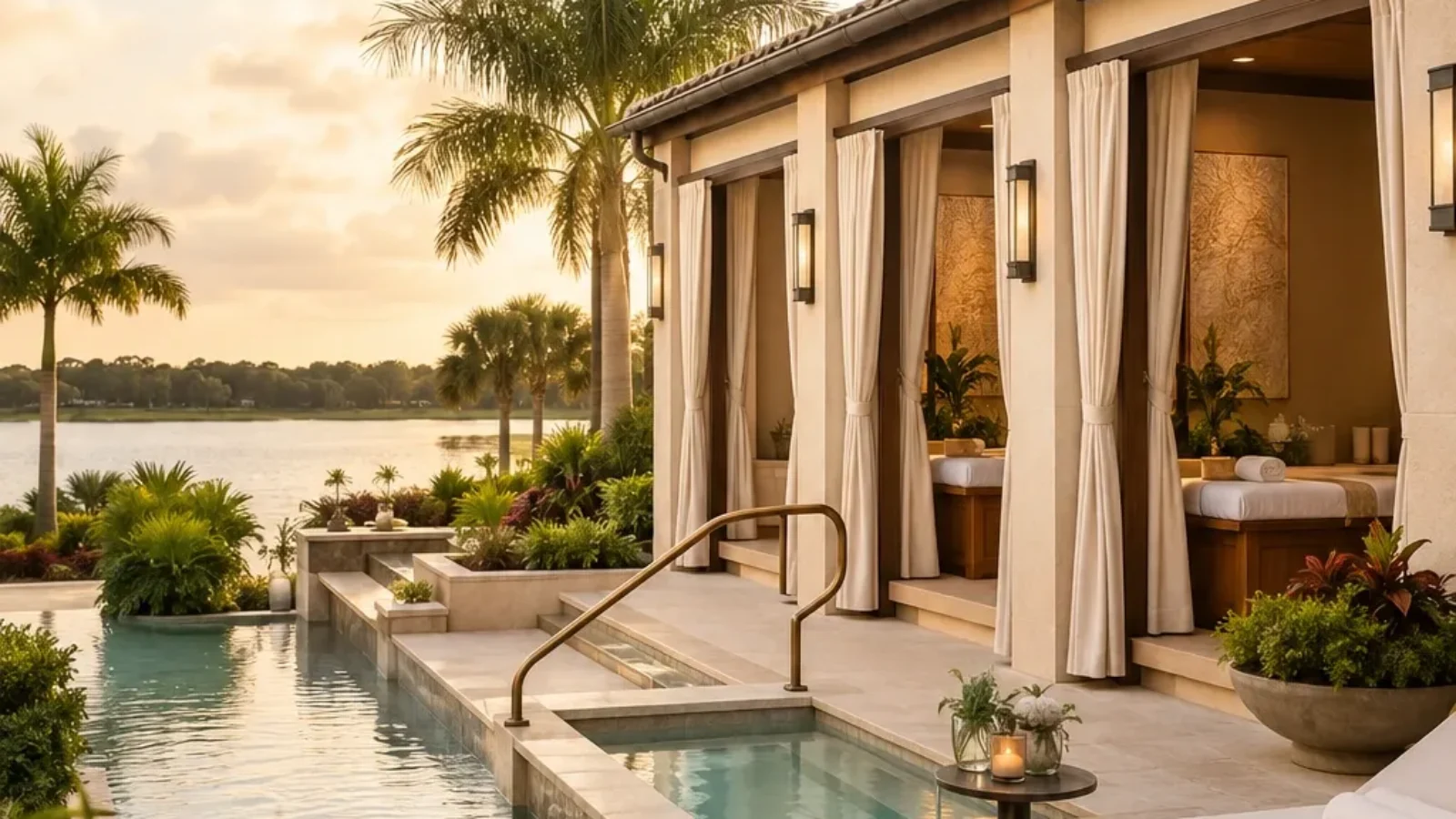 Luxury Orlando resort spa beside a calm pool with palm trees and treatment cabanas